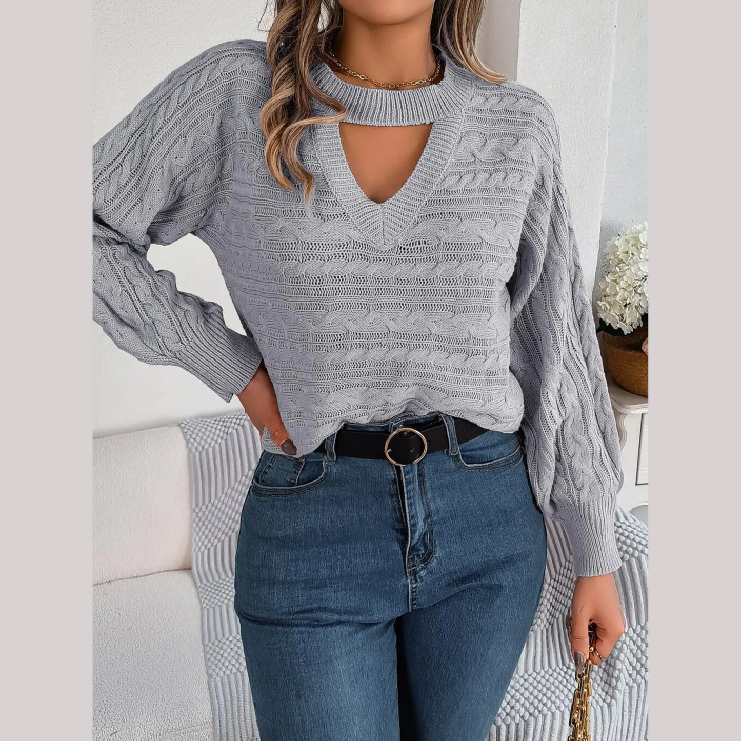 Tina - Gray Twist Knit Cutout Sweater Top