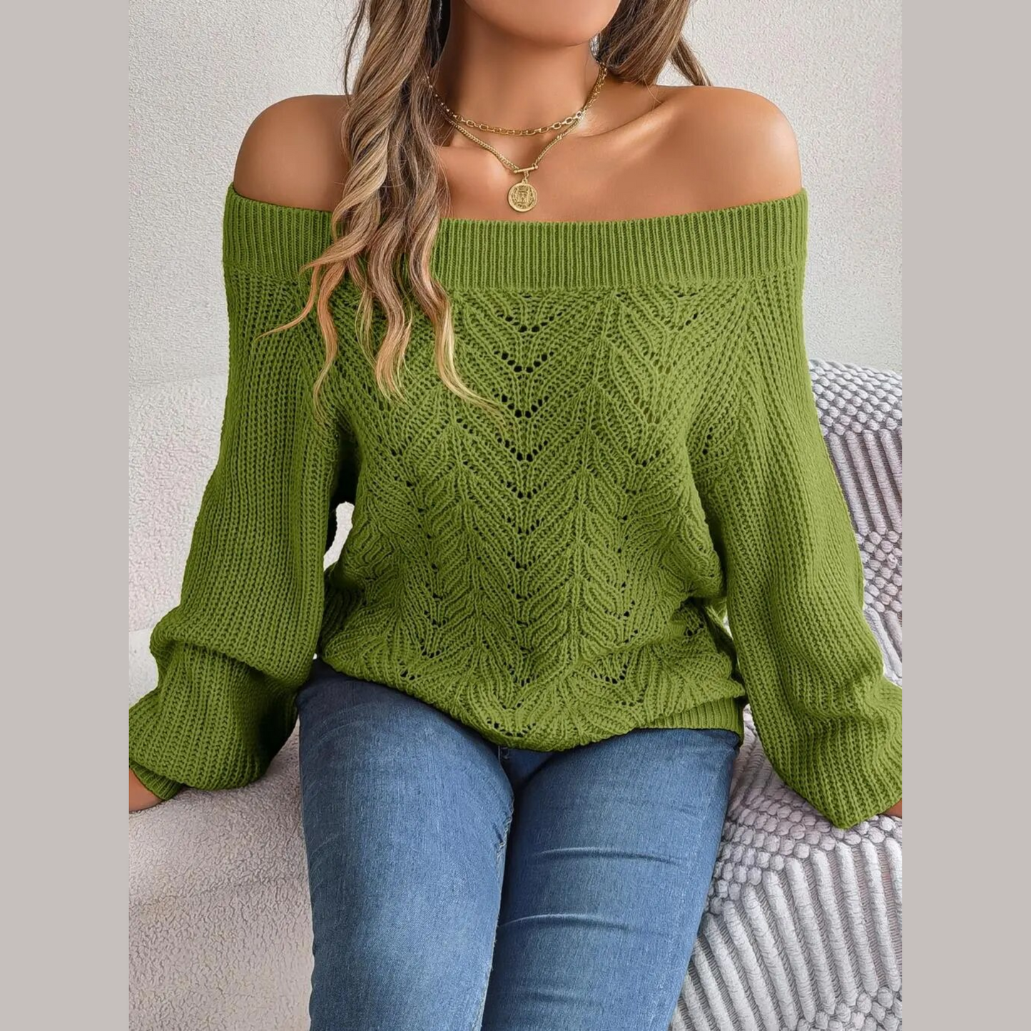 Loni - Green Knitted Off The Shoulder Sweater Top