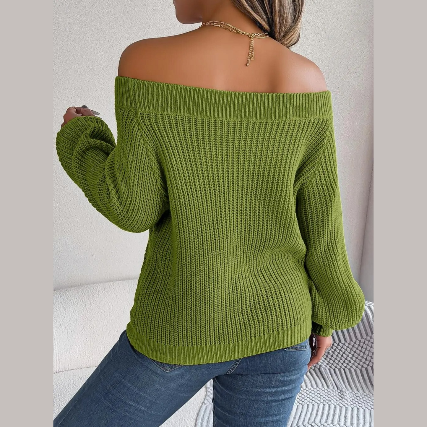Loni - Green Knitted Off The Shoulder Sweater Top