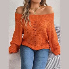 Loni - Orange Knitted Off The Shoulder Sweater Top