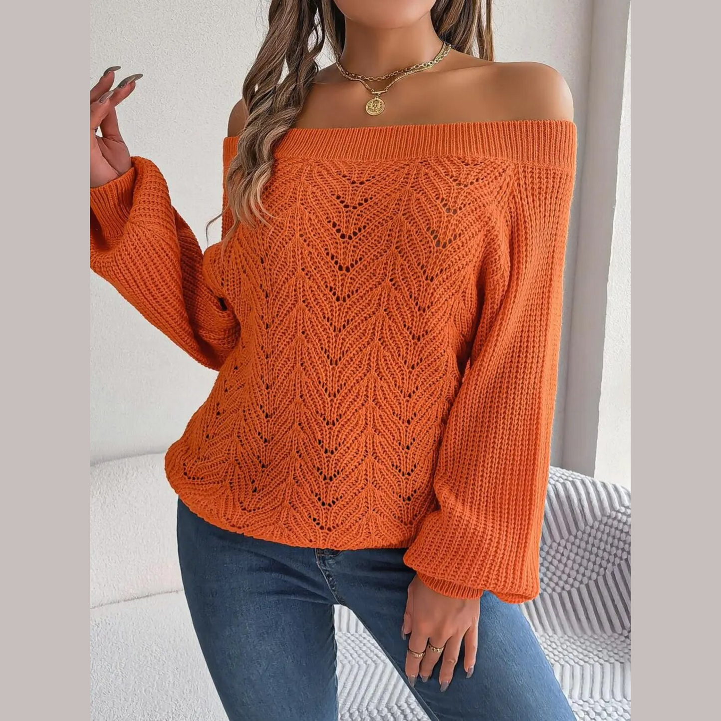 Loni - Orange Knitted Off The Shoulder Sweater Top