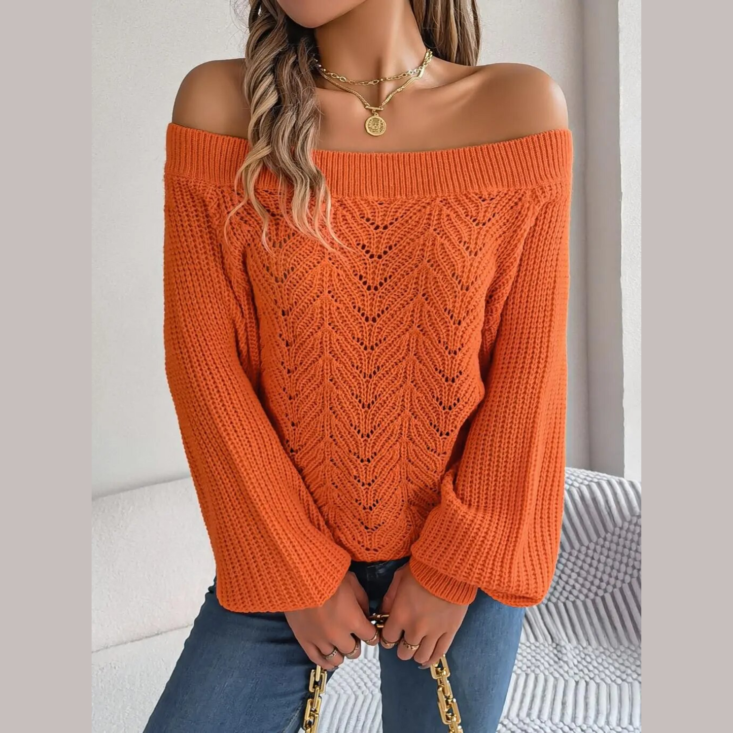 Loni - Orange Knitted Off The Shoulder Sweater Top
