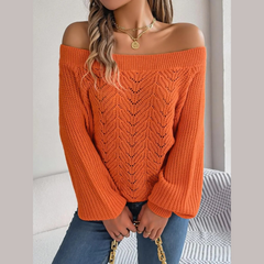 Loni - Orange Knitted Off The Shoulder Sweater Top