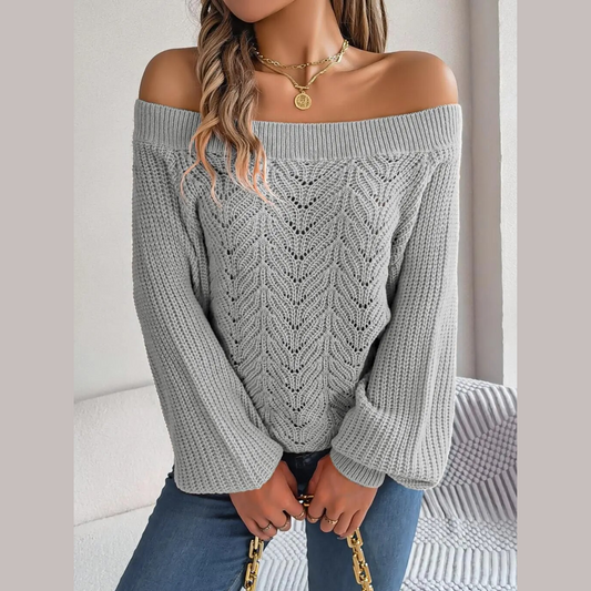 Loni - Gray Knitted Off The Shoulder Sweater Top - Model Mannequin