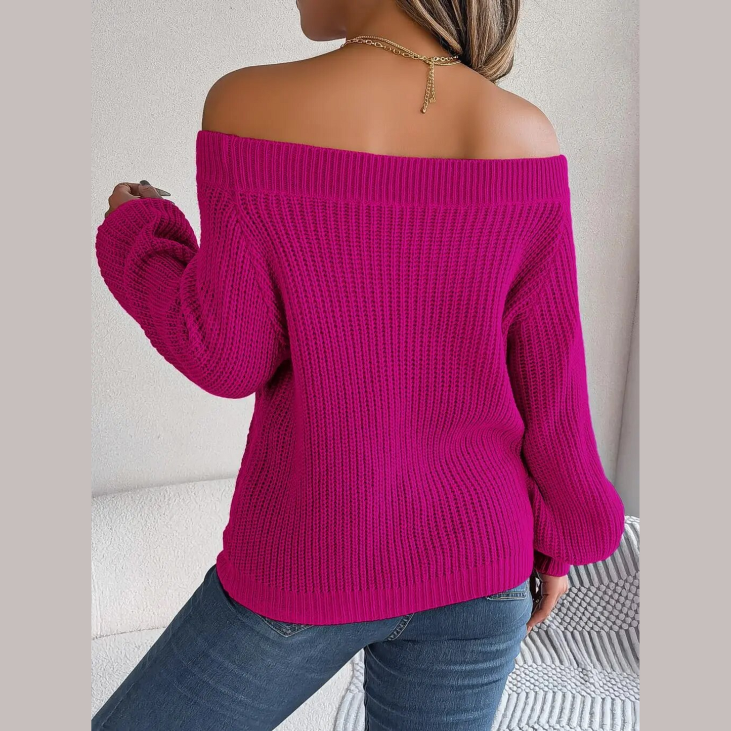 Loni - Rose Red Knitted Off The Shoulder Sweater Top