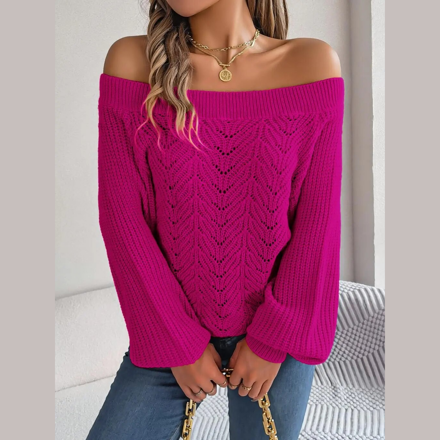 Loni - Rose Red Knitted Off The Shoulder Sweater Top