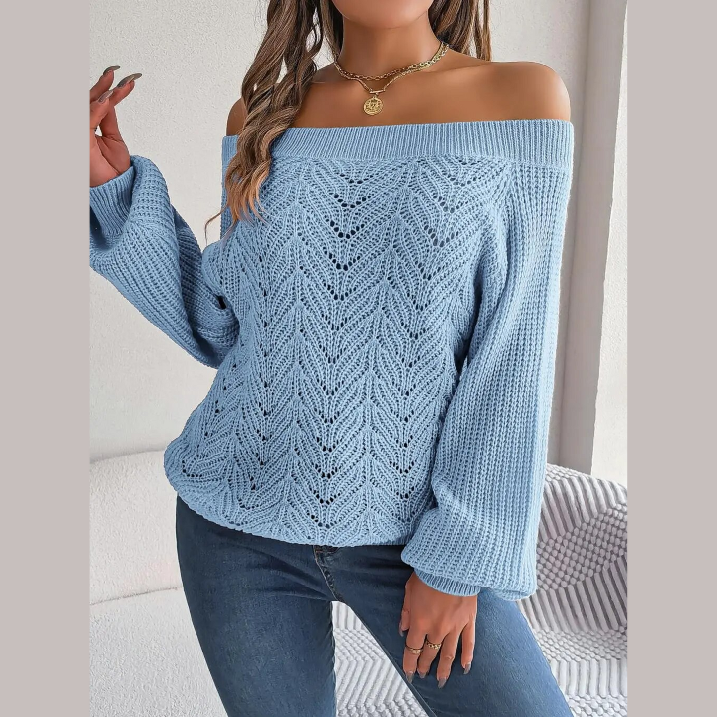 Loni - Blue Knitted Off The Shoulder Sweater Top