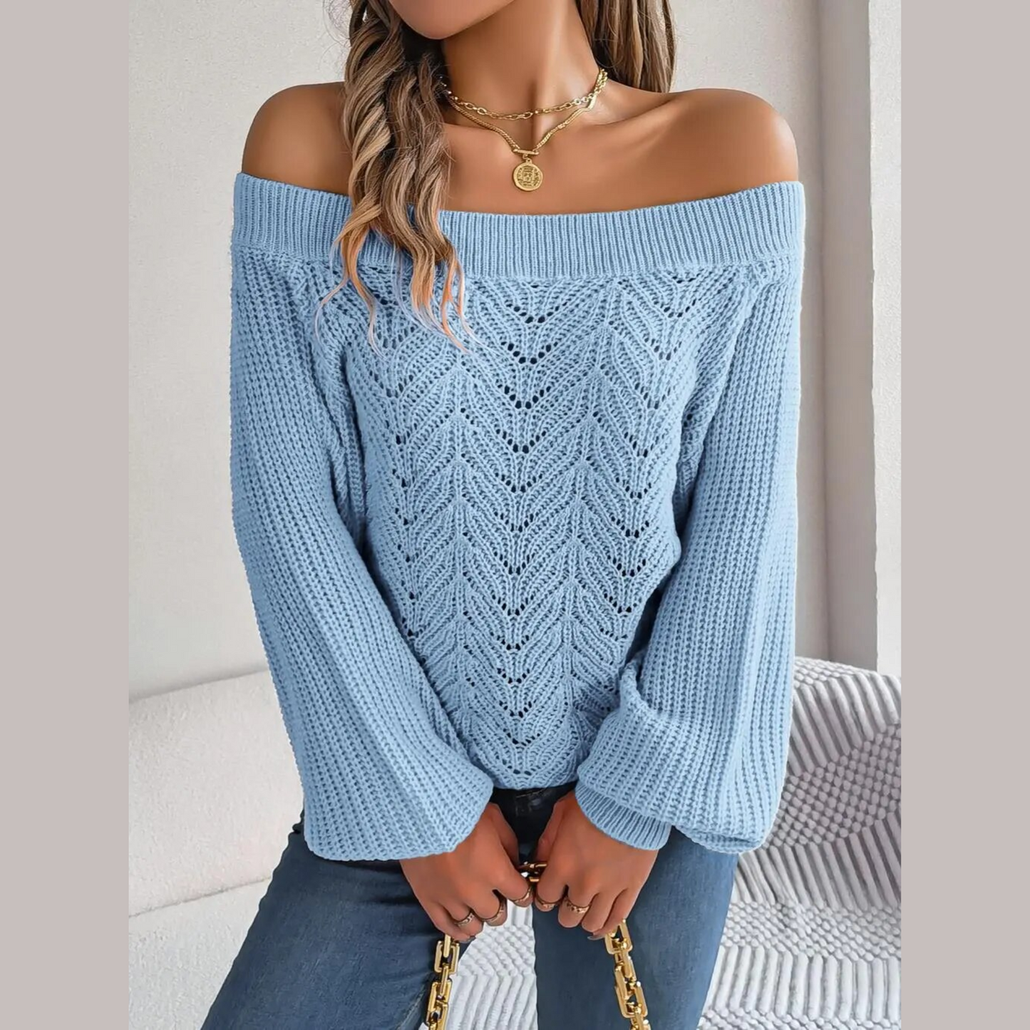 Loni - Blue Knitted Off The Shoulder Sweater Top