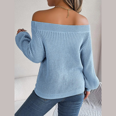 Loni - Blue Knitted Off The Shoulder Sweater Top