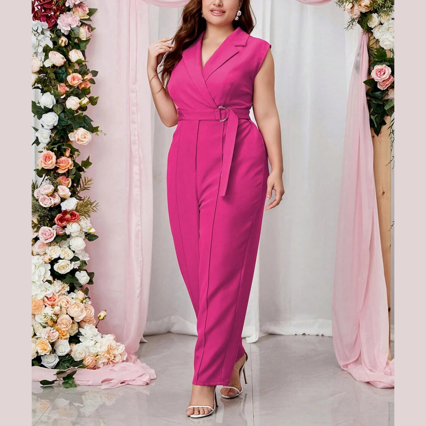 Analise - Pink Sleeveless Plus Size Belted Jumpsuit
