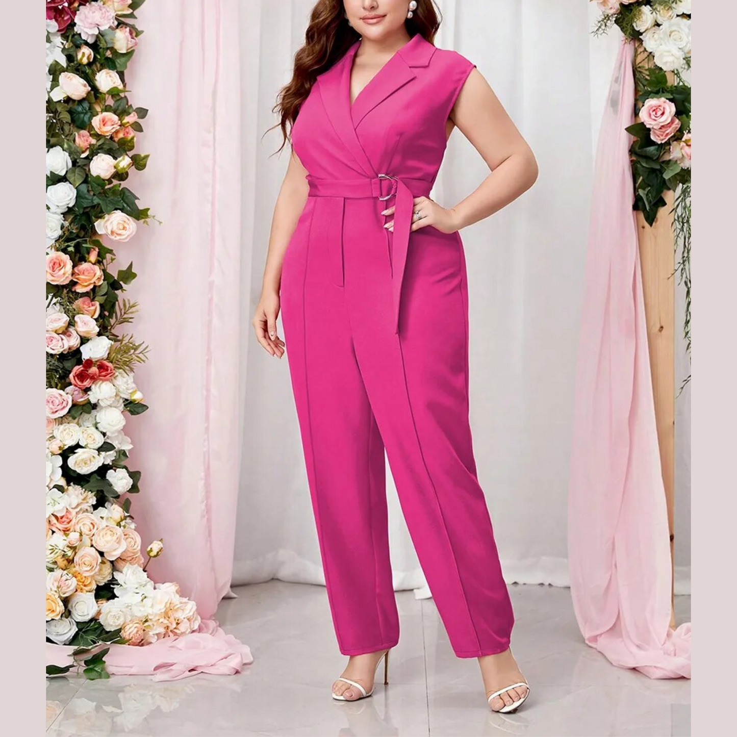 Analise - Pink Sleeveless Plus Size Belted Jumpsuit