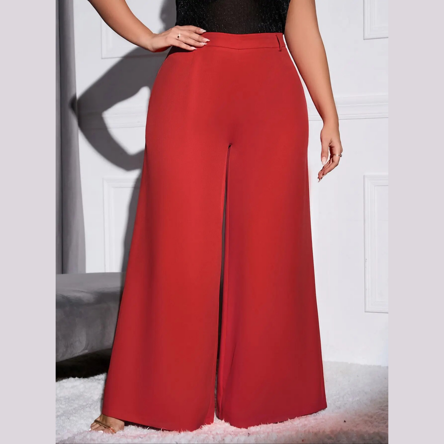 Lola - Red Plus Size High Waist Wide Leg Pants - Model Mannequin