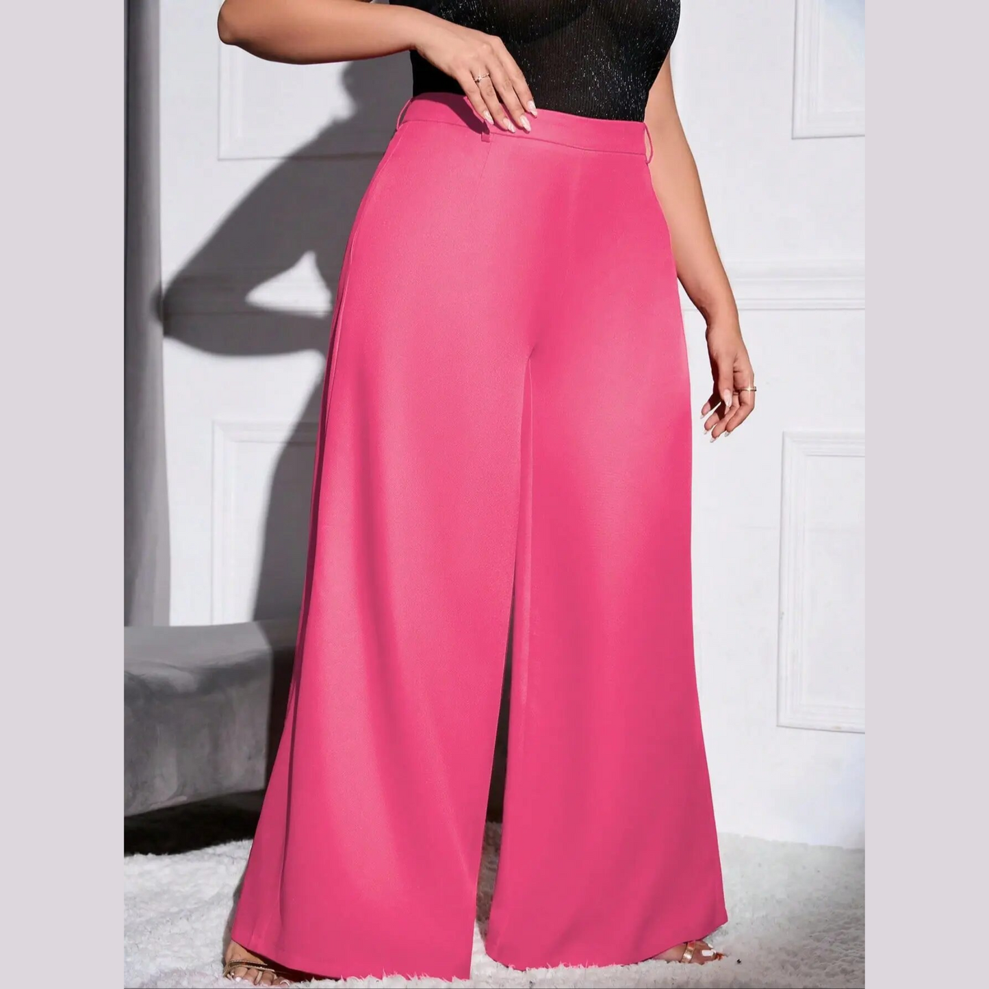Lola - Pink Plus Size High Waist Wide Leg Pants