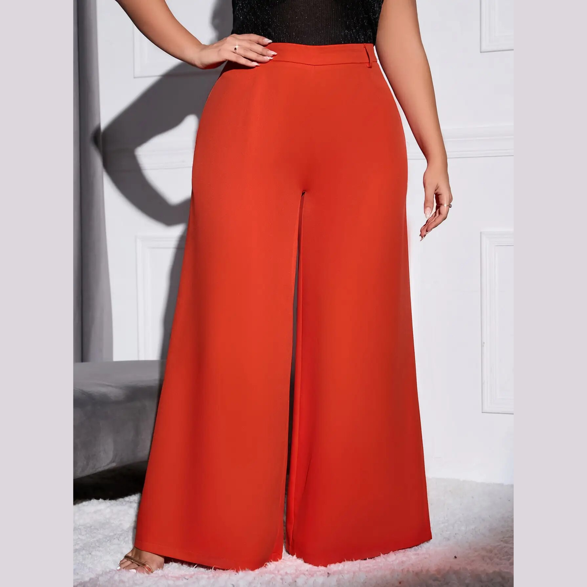 Lola - Orange Plus Size High Waist Wide Leg Pants - Model Mannequin