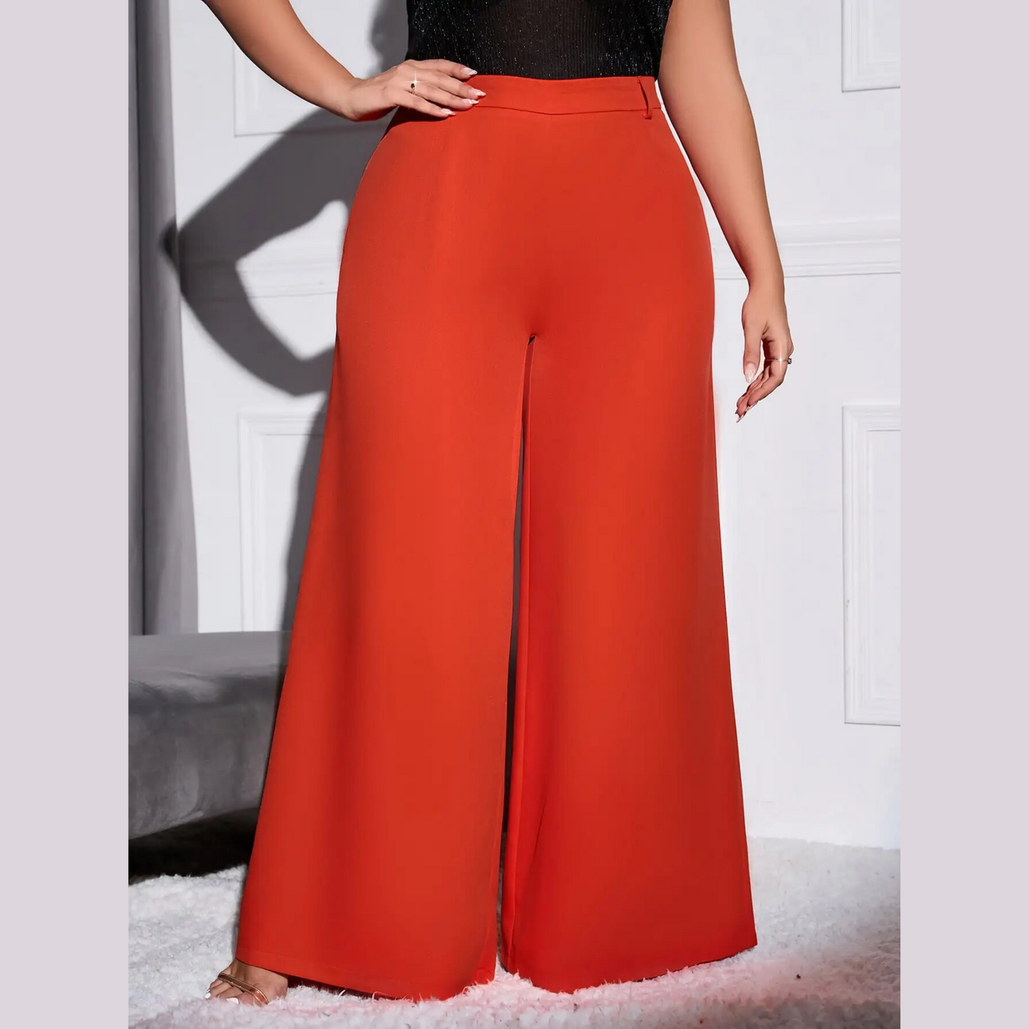 Lola - Orange Plus Size High Waist Wide Leg Pants - Model Mannequin