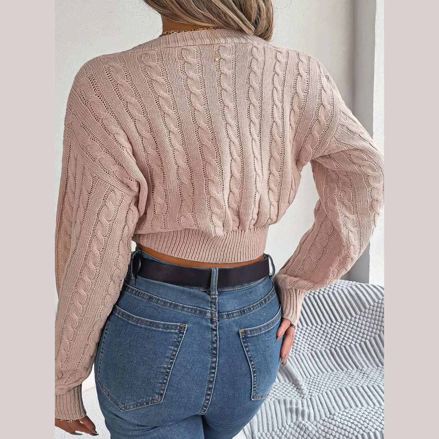 Mia - Pink Knotted V Neck Cropped Sweater Top