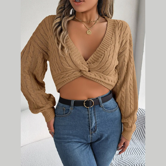 Mia - Khaki Knotted V Neck Cropped Sweater Top