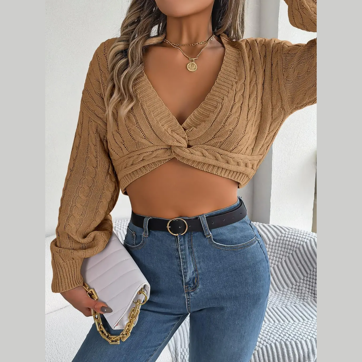 Mia - Khaki Knotted V Neck Cropped Sweater Top
