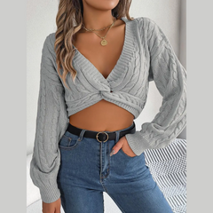 Mia - Gray Knotted V Neck Cropped Sweater Top
