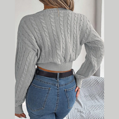 Mia - Gray Knotted V Neck Cropped Sweater Top