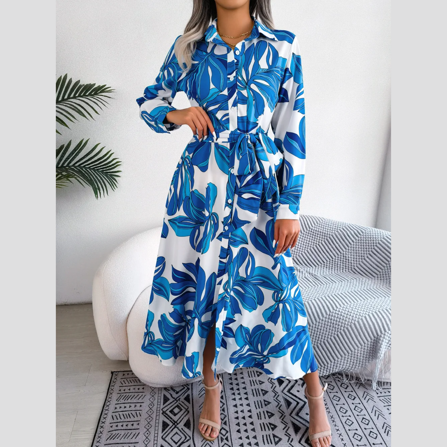 Inaya - Blue Floral Print Button-Up Midi Dress