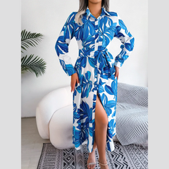 Inaya - Blue Floral Print Button-Up Midi Dress - Model Mannequin