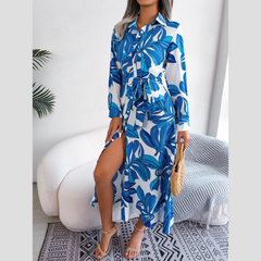 Inaya - Blue Floral Print Button-Up Midi Dress