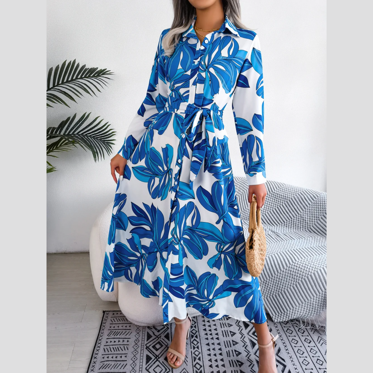 Inaya - Blue Floral Print Button-Up Midi Dress
