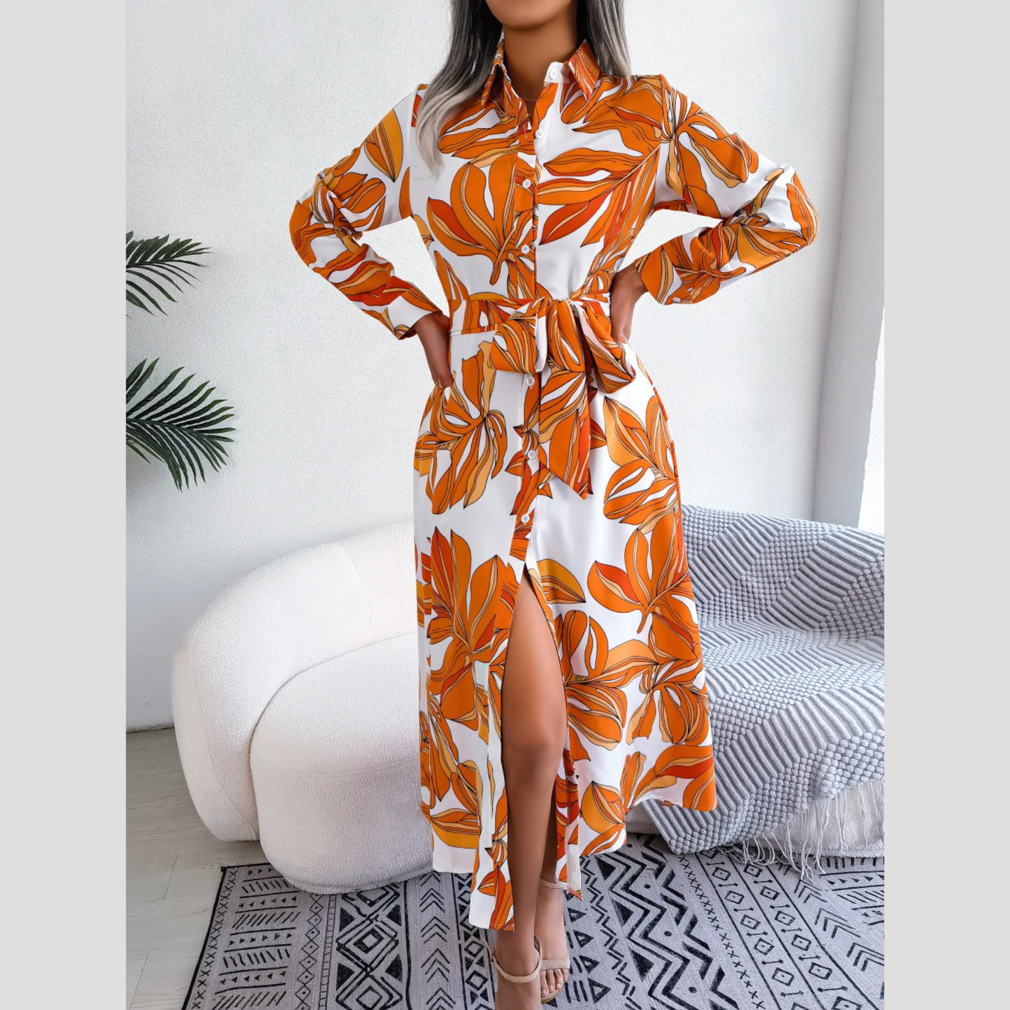 Inaya - Orange Floral Print Button-Up Midi Dress