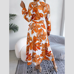 Inaya - Orange Floral Print Button-Up Midi Dress