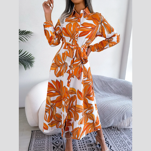 Inaya - Orange Floral Print Button-Up Midi Dress