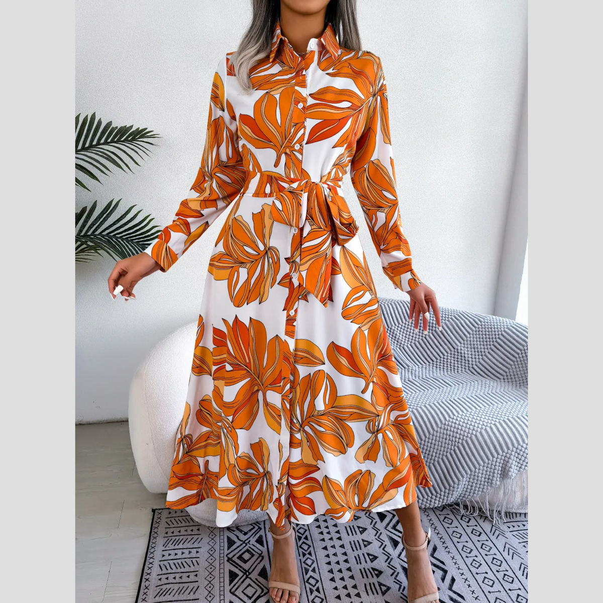 Inaya - Orange Floral Print Button-Up Midi Dress