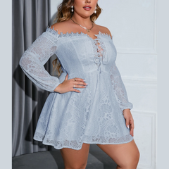 Candy - Blue Off Shoulder Plus Size Lace Dress