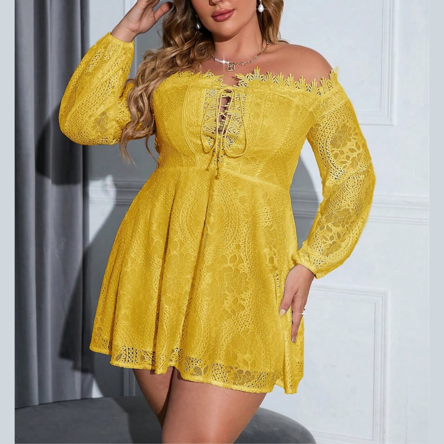 Candy - Yellow Off Shoulder Plus Size Lace Dress