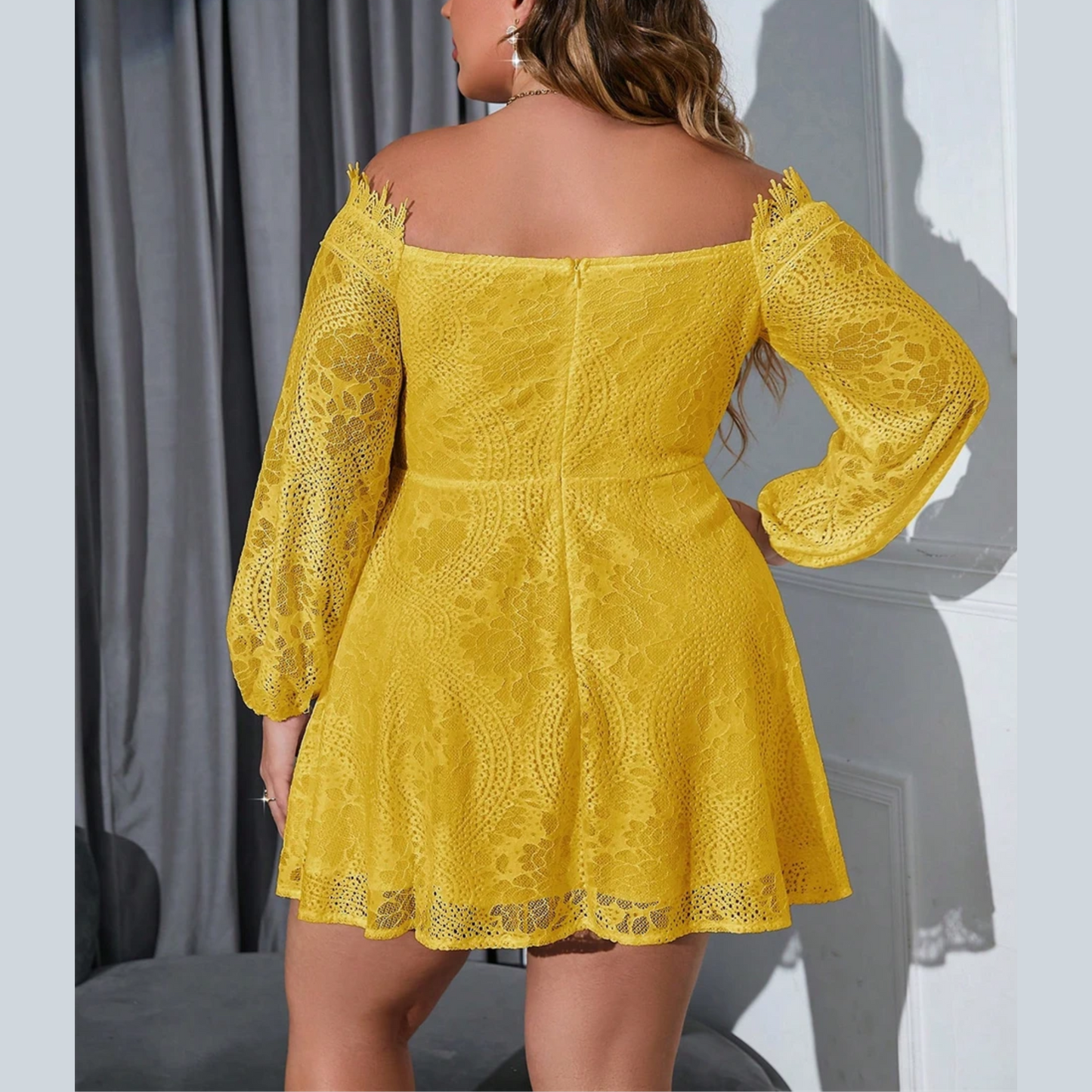 Candy - Yellow Off Shoulder Plus Size Lace Dress