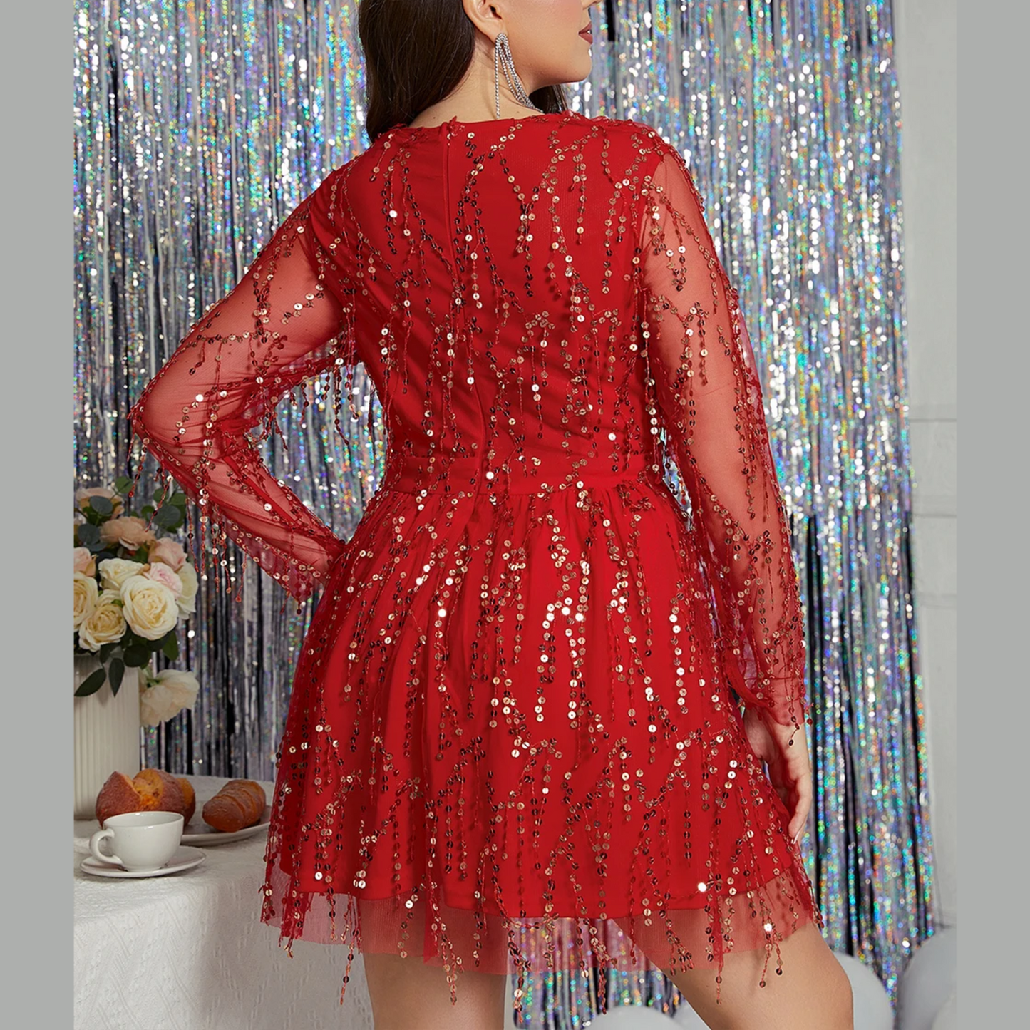 Senorita - Red Plus Size Sequin Embellished Midi Dress