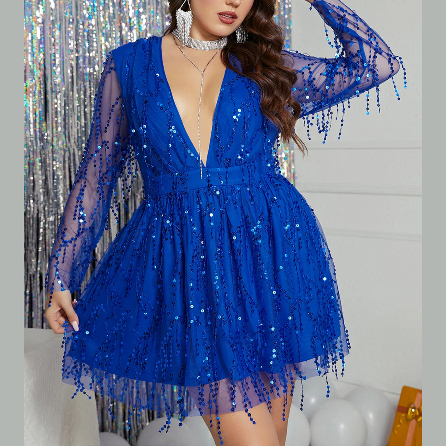 Senorita - Blue Plus Size Sequin Embellished Midi Dress