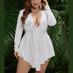 Zhuri - White Plus Size Sequin Asymmetric Dress