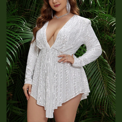 Zhuri - White Plus Size Sequin Asymmetric Dress