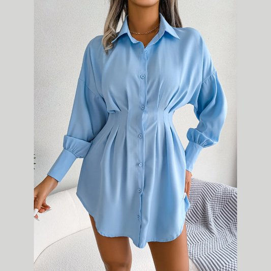 Adalee - Blue Asymmetric Button-Up Shirt Dress
