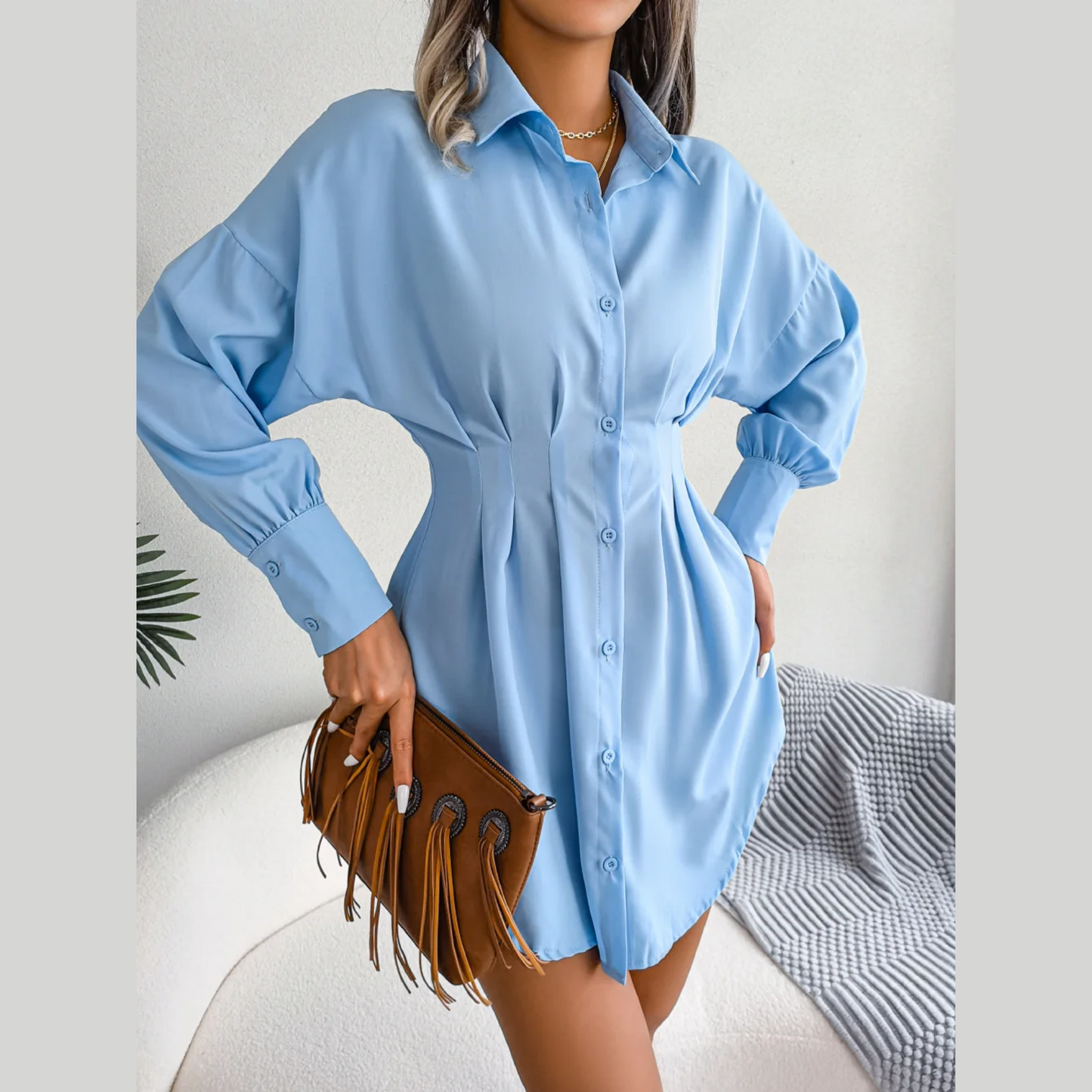 Adalee - Blue Asymmetric Button-Up Shirt Dress