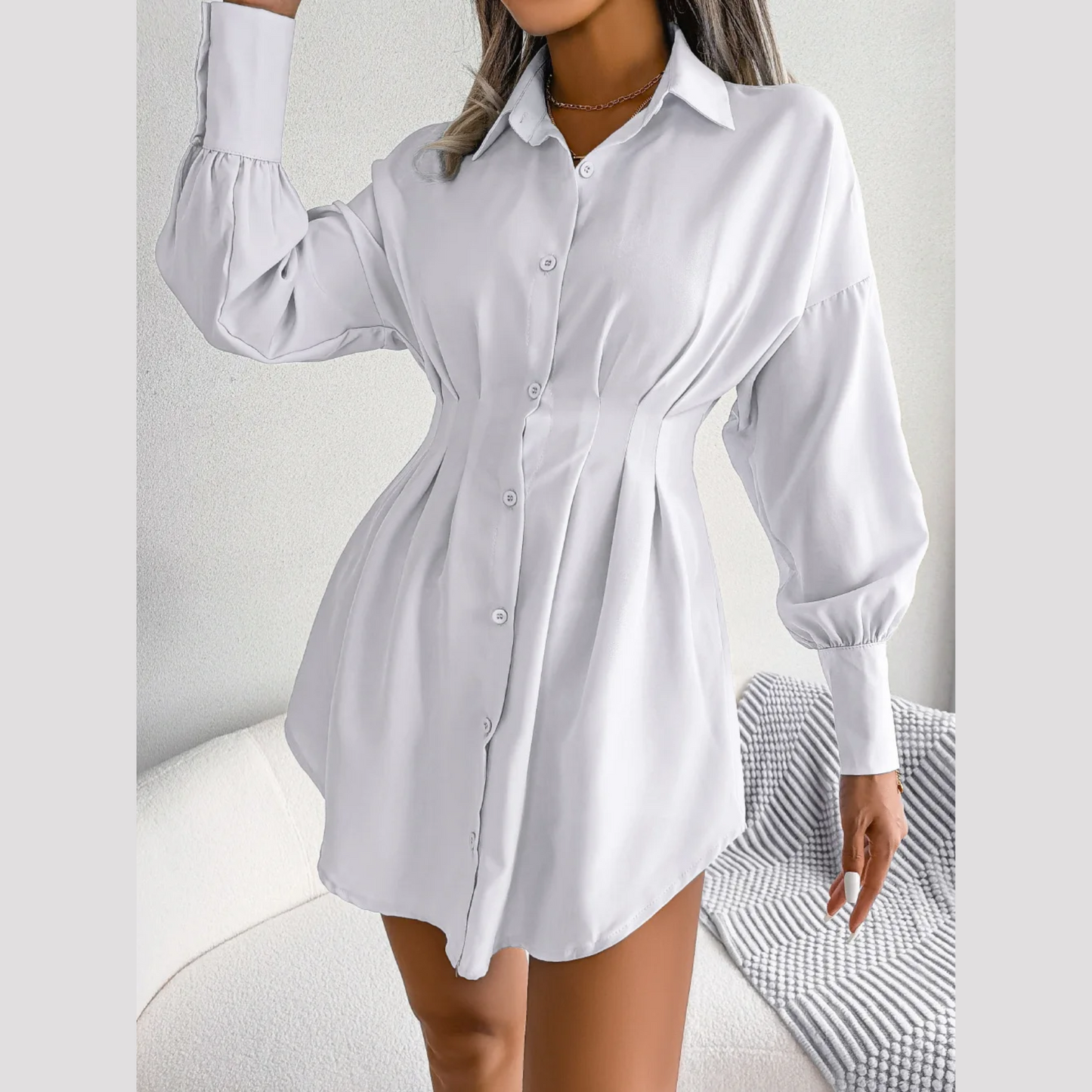 Adalee - White Asymmetric Button-Up Shirt Dress