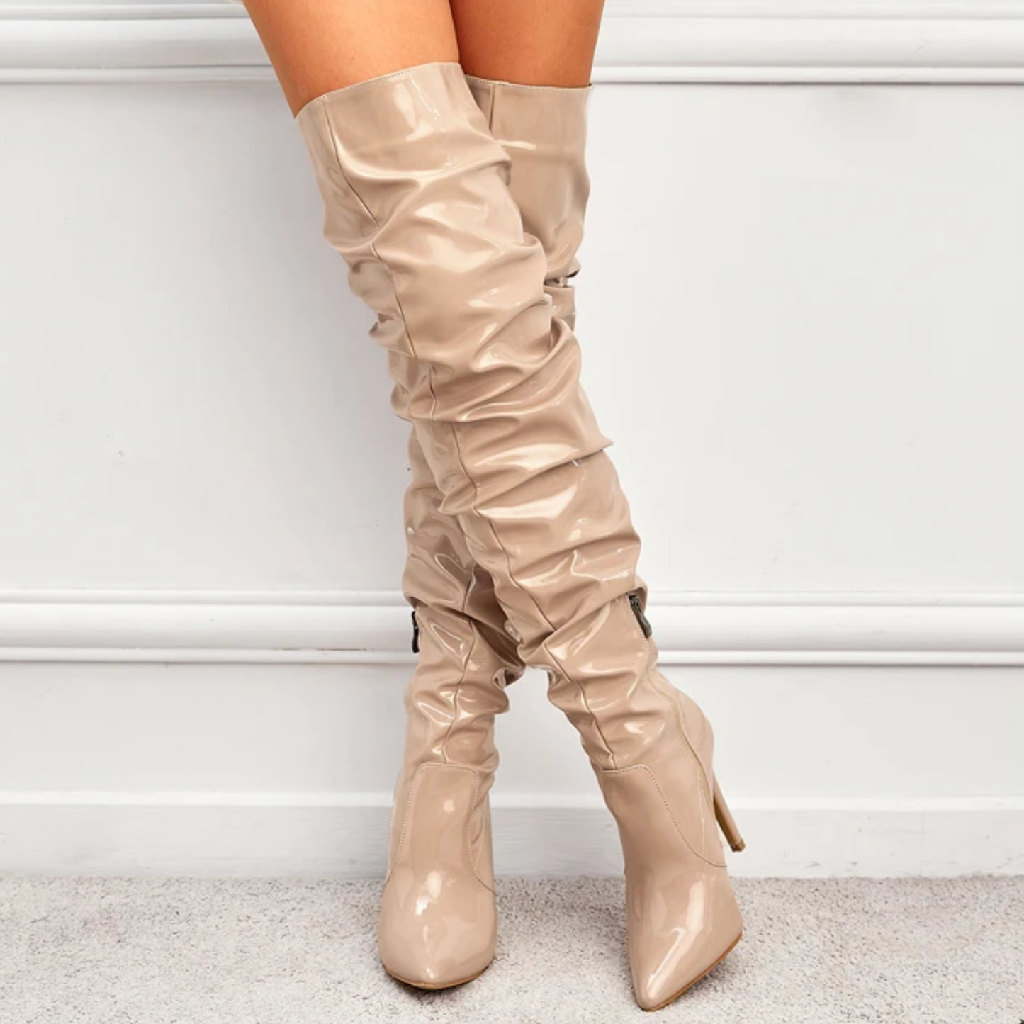 Beige Patent Leather Over The Knee Boots
