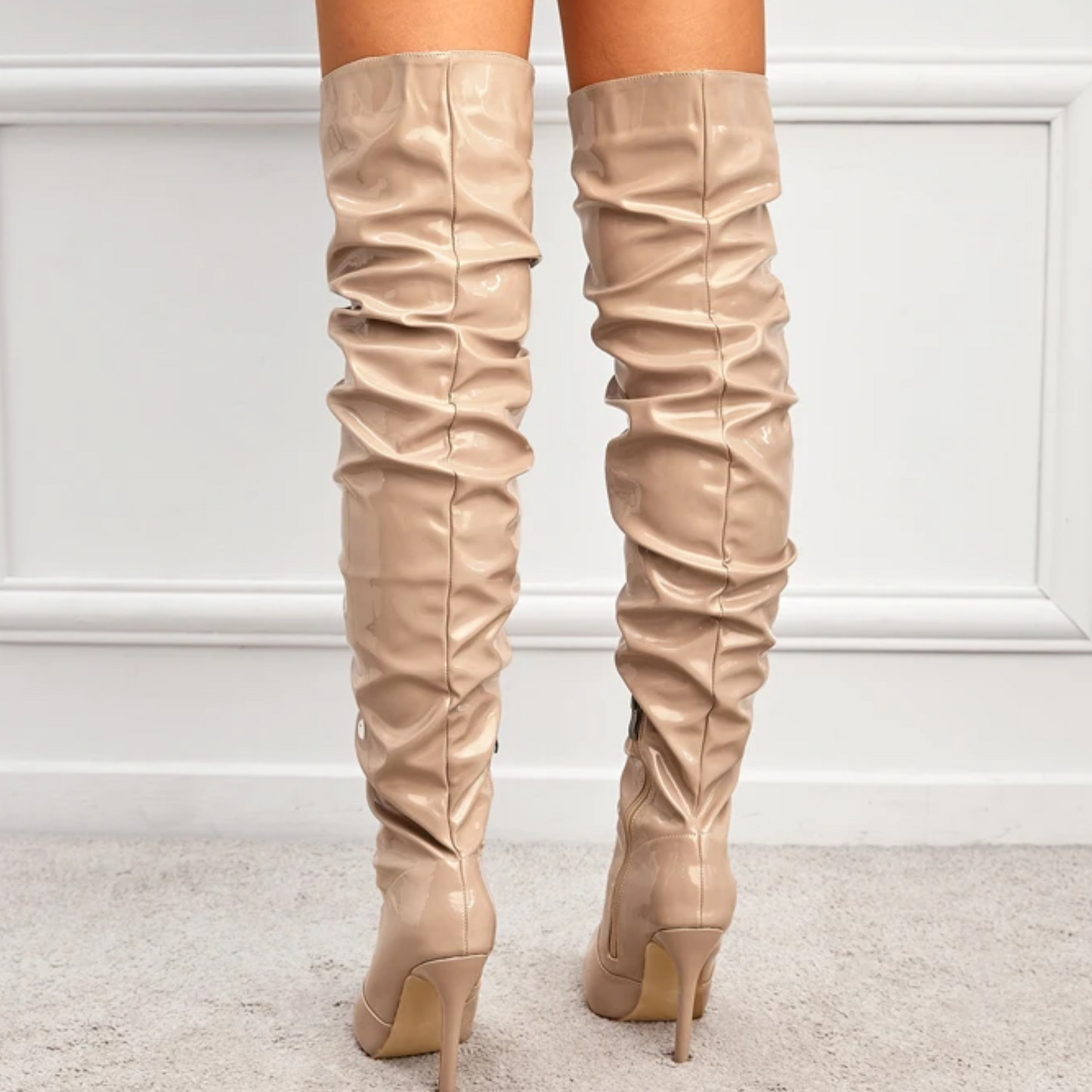 Beige Patent Leather Over The Knee Boots
