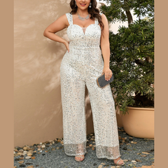 Ivy - White Plus Size Wide Leg Sequin Jumpsuit - Model Mannequin