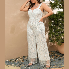 Ivy - White Plus Size Wide Leg Sequin Jumpsuit