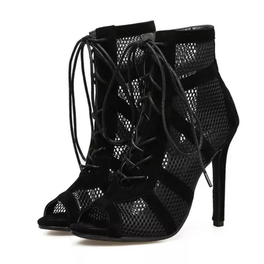 Black Lace-Up Mesh Ankle Boots