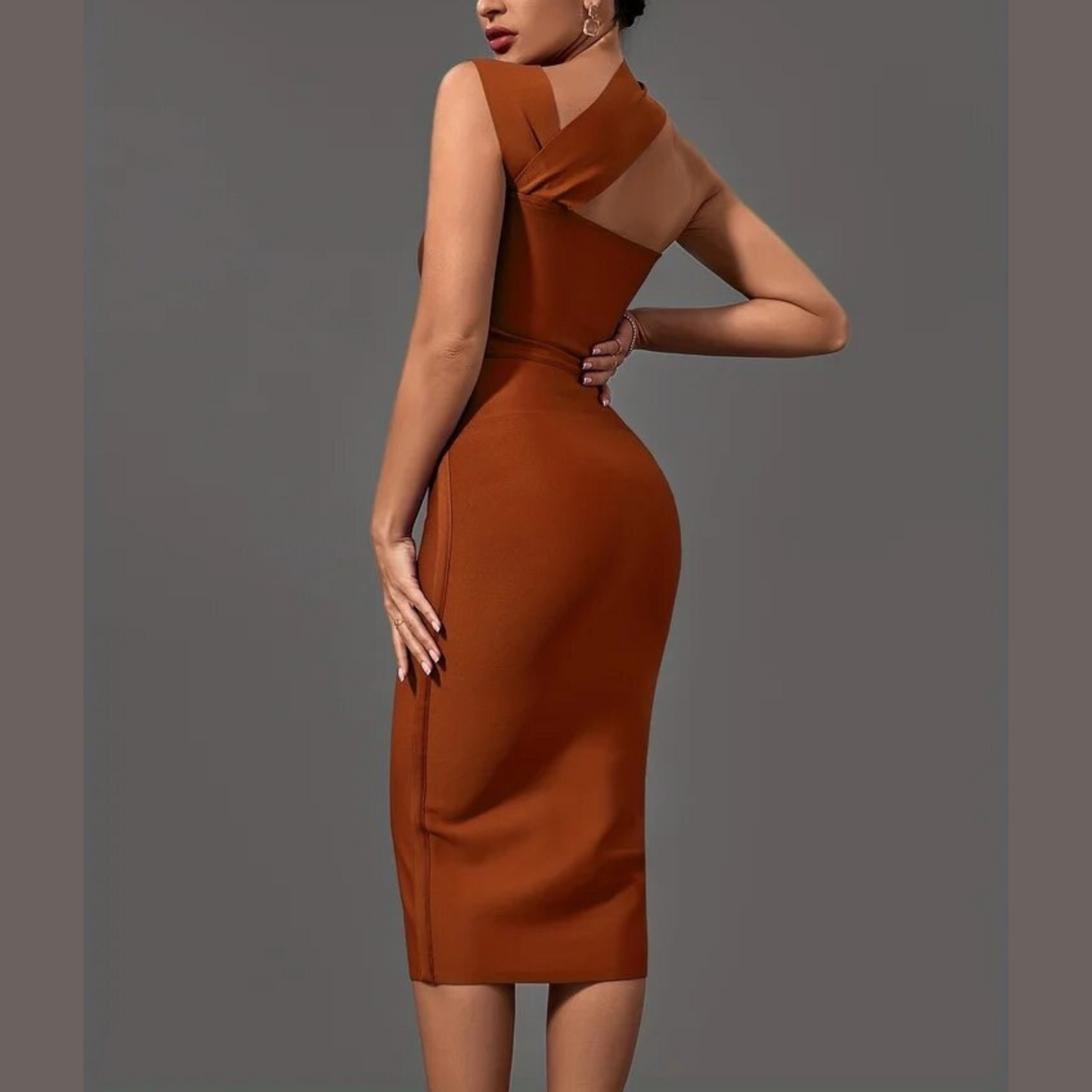 Lala - Brown Cut Out Midi Bandage Dress