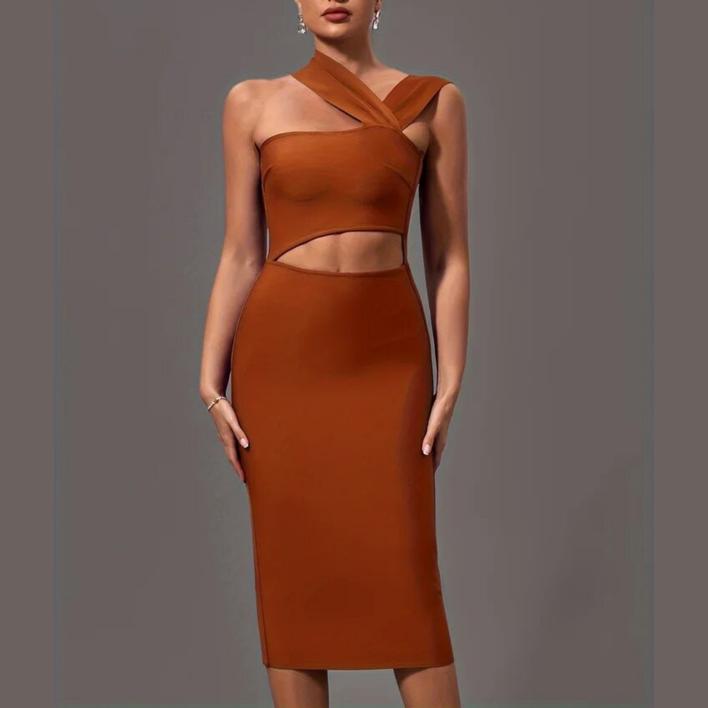 Lala - Brown Cut Out Midi Bandage Dress