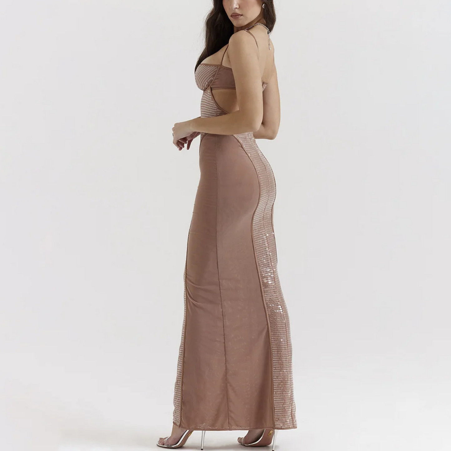 Maria - Beige Sequin Embellished Maxi Bodycon Dress